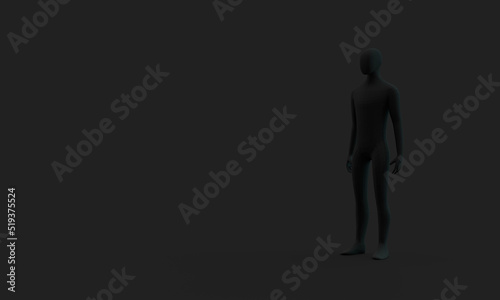 A dark man on a dark background. 3d rendering on the topic of people, office, business. Dark background.