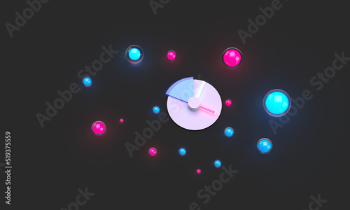 Fototapeta Naklejka Na Ścianę i Meble -  Modern clock with glass, glowing blue, pink balls around. 3d rendering on the topic of time and hours. Modern minimal style.