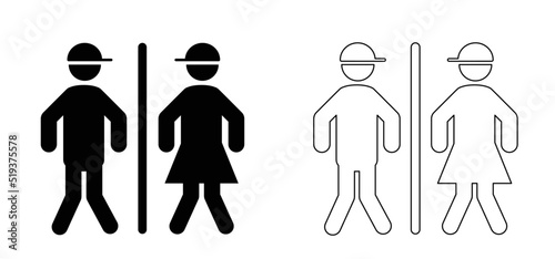 RCartoon Stick figures or stickman and toilet logo. Restroom or bathroom for man and woman to peeing. Human toilets. Vector clean WC pictogram, icon or sign. 