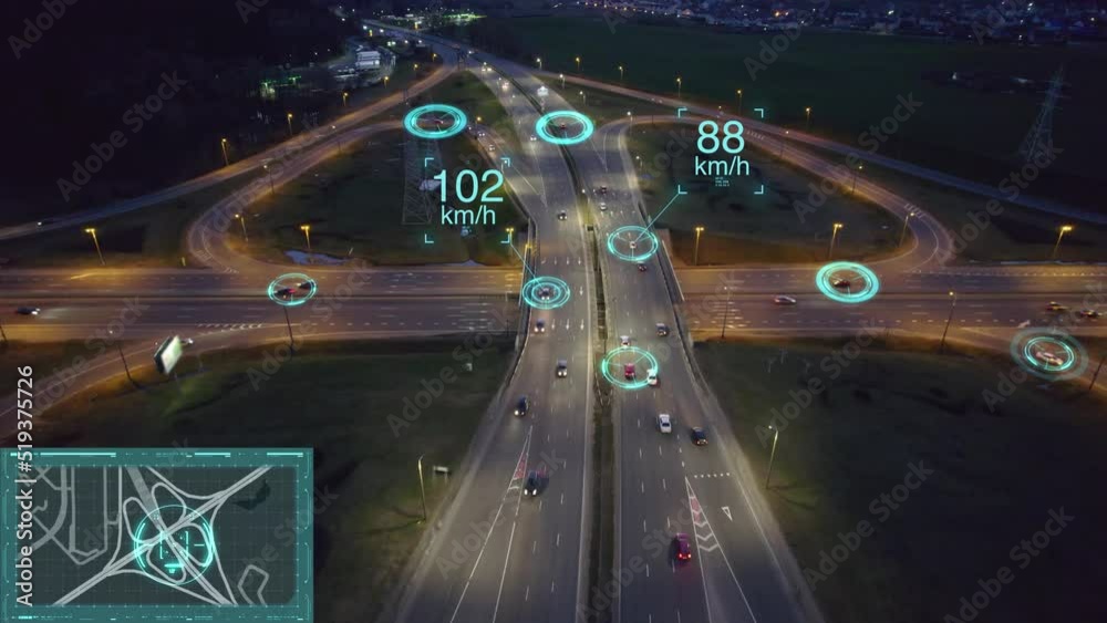 Computer autonomous system, controlled by artificial intelligence, automatically monitors road traffic and controls the speed of cars. Concept of smart roads, transportation of the future.