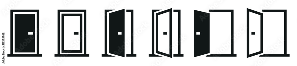 Set of doors icons. Opened and closed door silhouette. Interior or office doors. Vector. Set of doors icons. Opened and closed door silhouette. Interior or office doors. Vector.