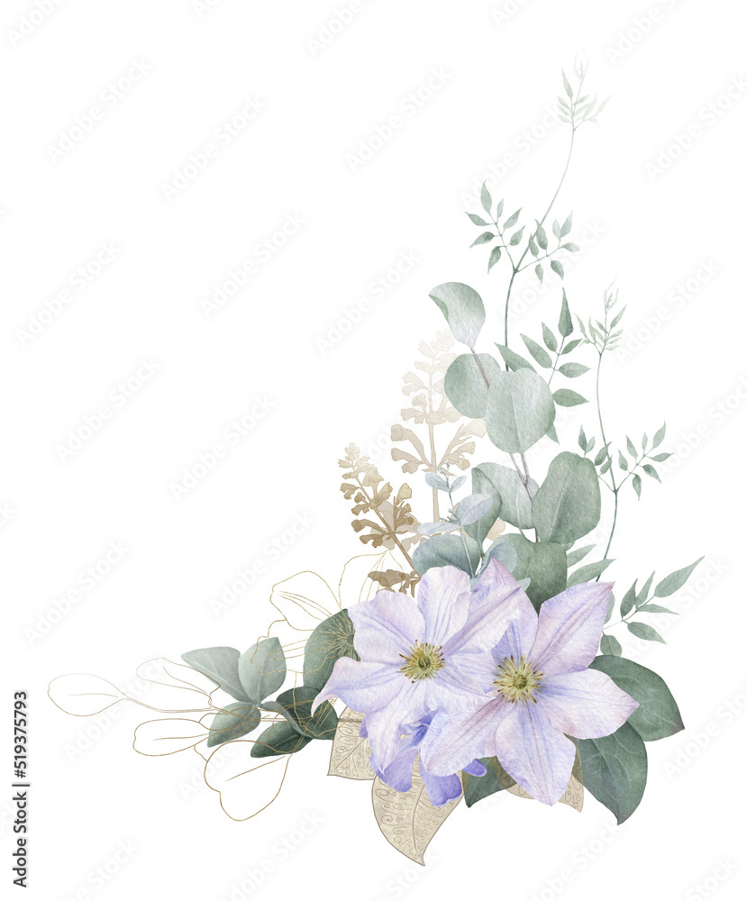 A floral composition with white clematis flowers, eucalyptus branches, stems with leaves and golden linear floral elements hand drawn in watercolor isolated on a white background. Floral arrangement.