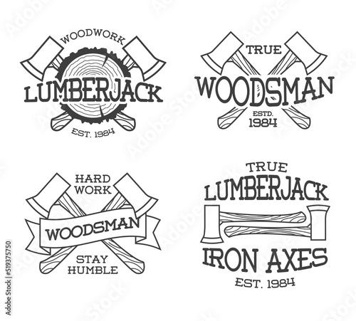 Set of lumberjack and woodsman labels. Posters, stamps, banners and design elements. Isolated on white background. Wood work and manufacture label templates. Vector illustration.