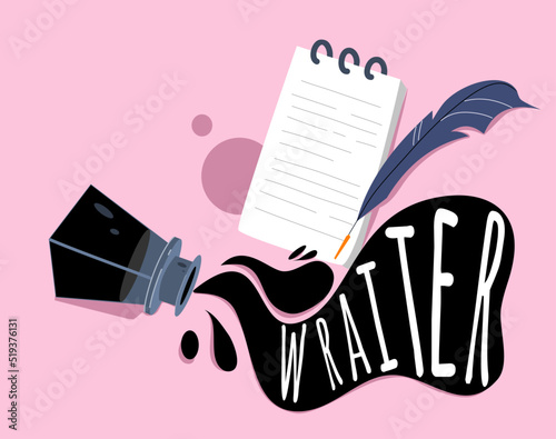Vector illustration of the writer. Inkwell, pen and notepad. The concept of a writer of novels and articles