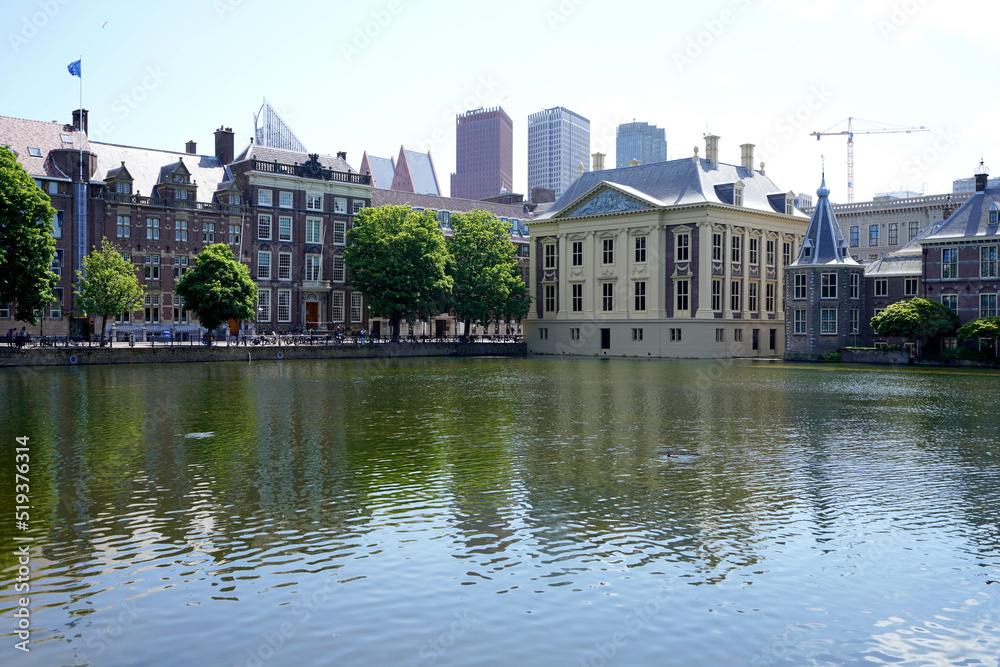 The Hague cityscape with Mauritshuis art museum on Hofvijver pond, The Hague, Netherlands