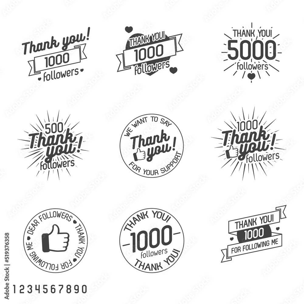 Obraz premium Thank you for followers label set isolated on white background. Vector Illustration