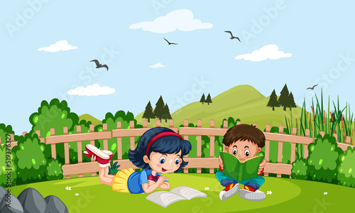 children reading books in the park