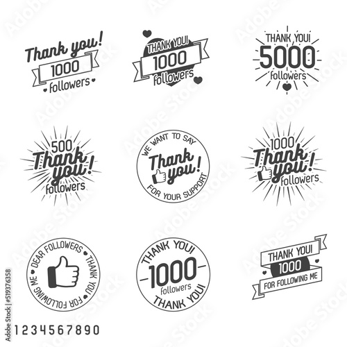 Thank you for followers label set isolated on white background. Vector Illustration