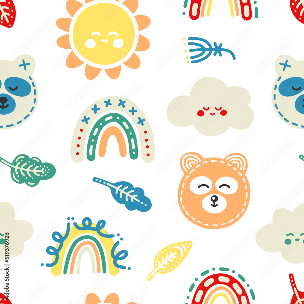 Delicate calm vector pattern in scandinavian style. Dreamy print with pastel sleepy teddy bears, sun, clouds and leaves for kids, decor, wrappers, interior, textiles, decor, clothes
