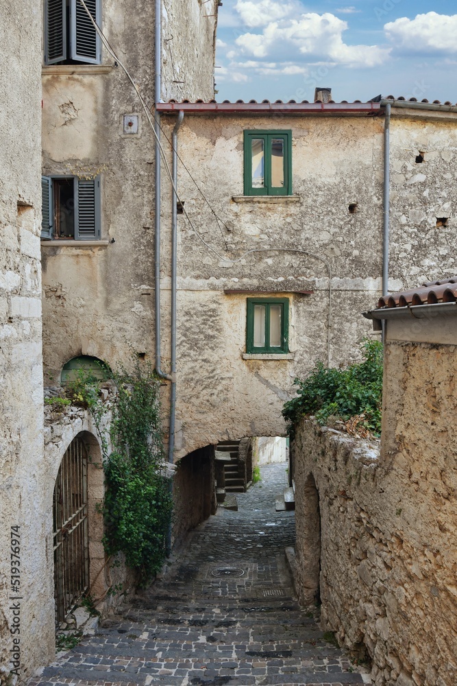 A narrow street in Pesche, a mountain village in the Molise region of Italy.