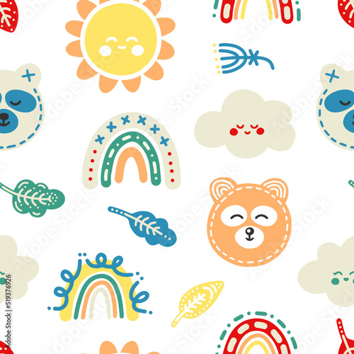Delicate calm vector pattern in scandinavian style. Dreamy print with pastel sleepy teddy bears  sun  clouds and leaves for kids  decor  wrappers  interior  textiles  decor  clothes