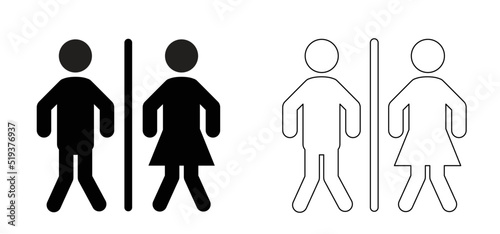 RCartoon Stick figures or stickman and toilet logo. Restroom or bathroom for man and woman to peeing. Human toilets. Vector clean WC pictogram, icon or sign. 