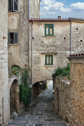 A narrow street in Pesche, a mountain village in the Molise region of Italy.