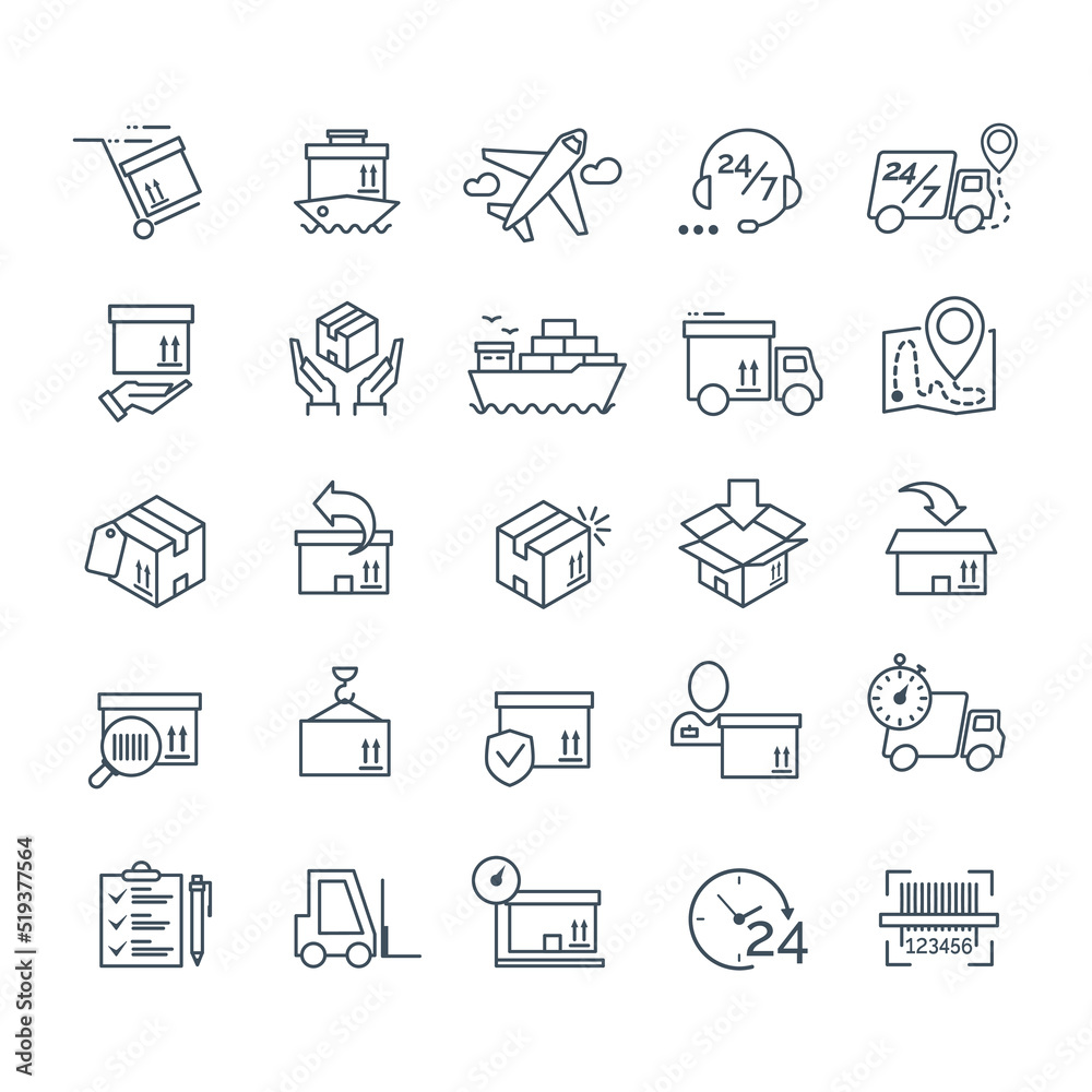 Set of delivery icons black color for your app design project. Logistic icons. Vector Ilustration