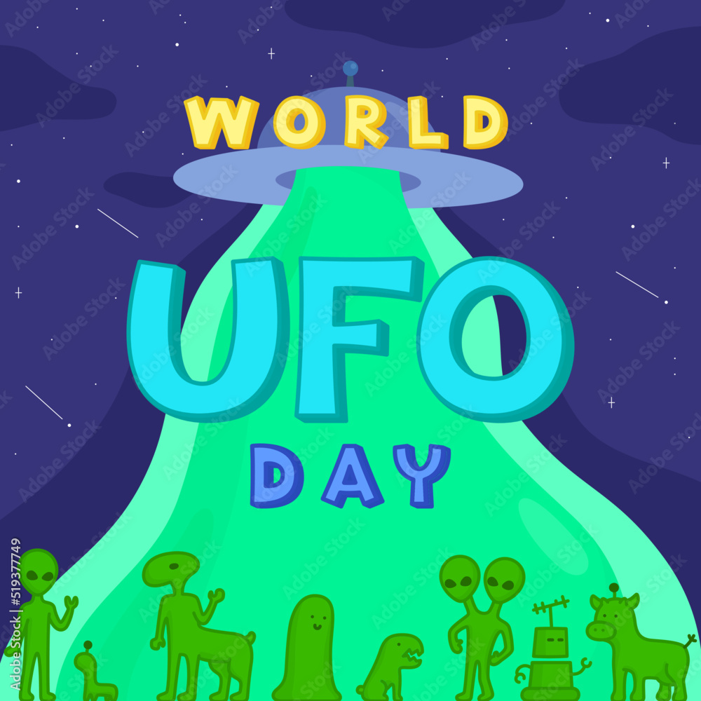 An alien visits Earth for World UFO day kawaii doodle flat cartoon vector illustration