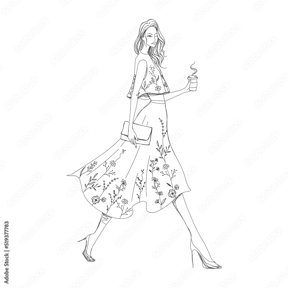women walking whit coffee retro old line art etching vector women walking whit coffee retro old line art etching vector