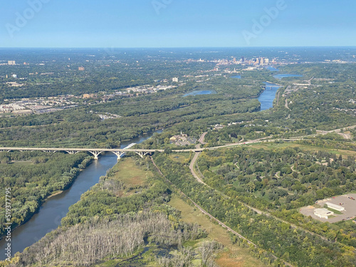 Aerial view of the city of st paul minnesota and mississippi river from the air plane