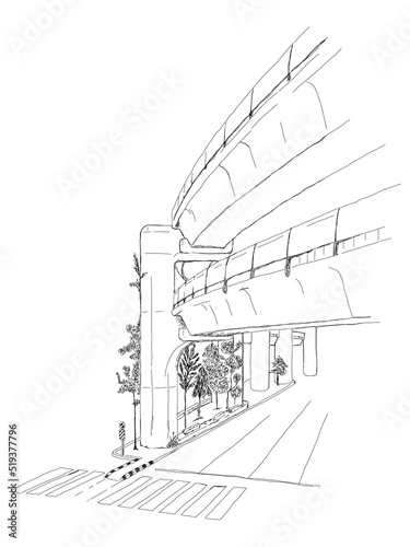 Siam sky train in bangkok city retro old line art etching vector