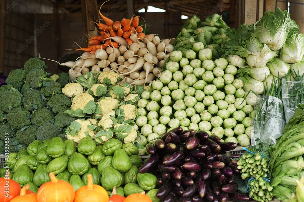 various kinds of fresh and healthy vegetables in traditional markets. colorful vegetable background