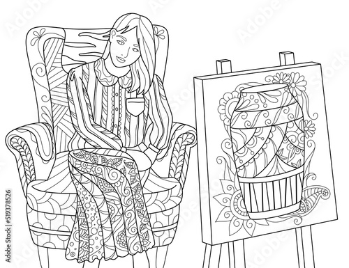 draw a female model black and white coloring book outline vector illustration
