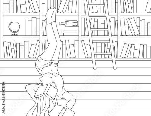 woman sleep in the library black and white coloring book outline vector illustration