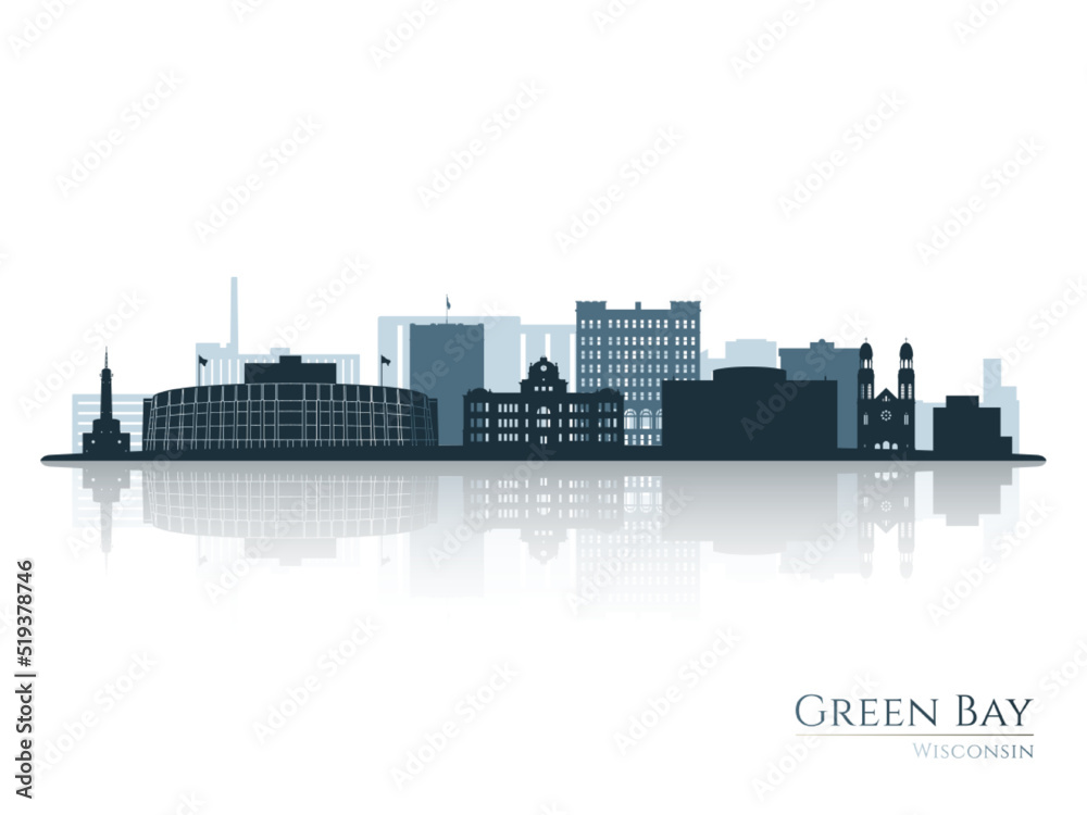 Naklejka premium Green Bay skyline silhouette with reflection. Landscape Green Bay, Wisconsin. Vector illustration.