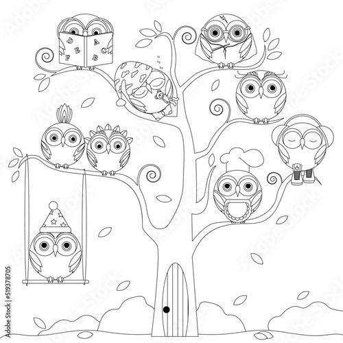 coloring book for kids owls on a tree, soapy owls, coloring, contour drawing, development for children