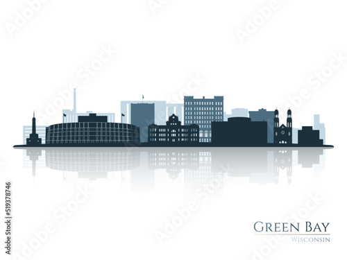 Green Bay skyline silhouette with reflection. Landscape Green Bay, Wisconsin. Vector illustration.