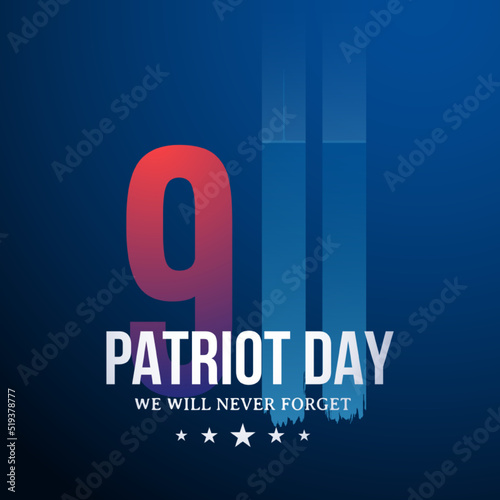 Glowing twin towers on blue background. Patriot Day signboard.  National Day of Prayer and Remembrance for Victims of Terror Attacks September 11, 2001.