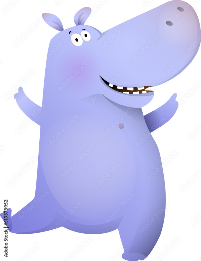 Obraz premium Cute hippo or hippopotamus dancing and jumping, cute animal cartoon for children. Cute baby hippo illustration. Isolated vector clip art.