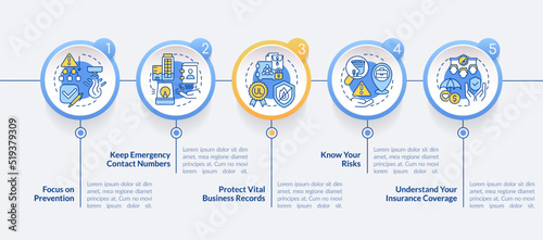 Emergency preparedness for business circle infographic template. Data visualization with 5 steps. Editable timeline info chart. Workflow layout with line icons. Lato-Bold, Regular fonts used