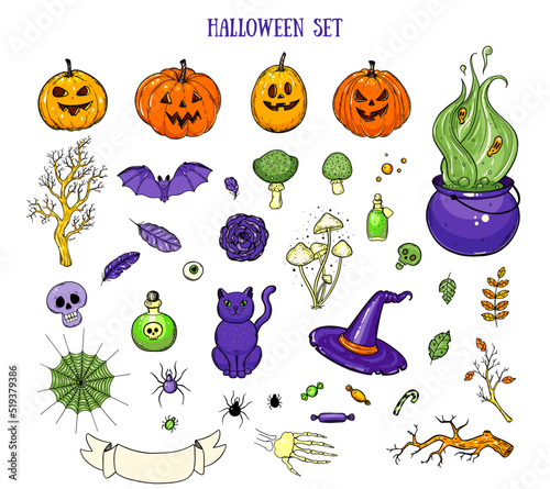 Halloween hand drawn collection. Hand drawn vector illustration. Halloween set.