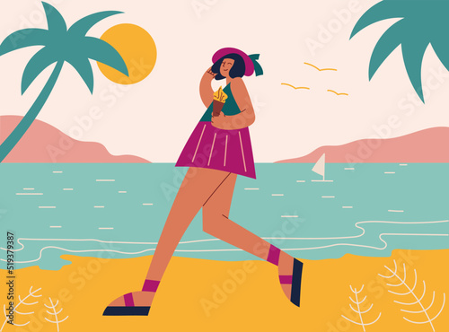 Woman on summer vacation concept. Pretty Girl tanned walking on beach, enjoying leisure. She holds ice cream in her hand. Concept for outdoor activities and summer travel topics.