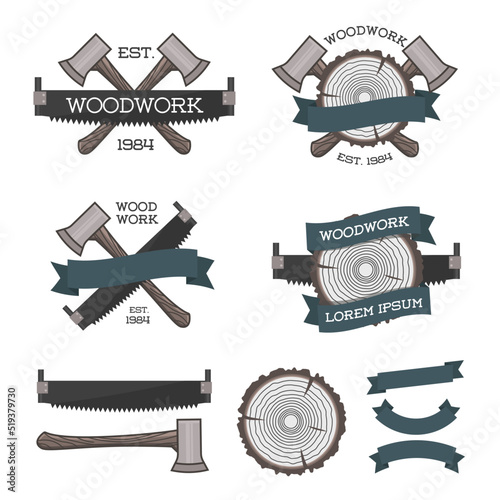 Fototapeta Naklejka Na Ścianę i Meble -  Set of woodwork label with saw, ax and tree ring. Posters, stamps, banners and design elements. Vector illustration. Wood work and manufacture label templates. Flat style