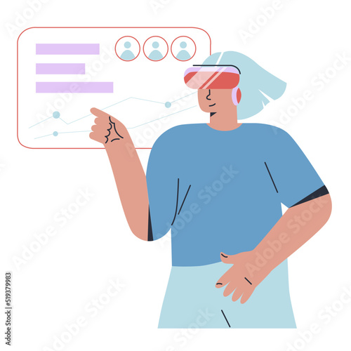 Metaverse digital cyber world technology, woman with virtual reality VR goggle playing AR augmented reality game and entertainment. Flat vector.