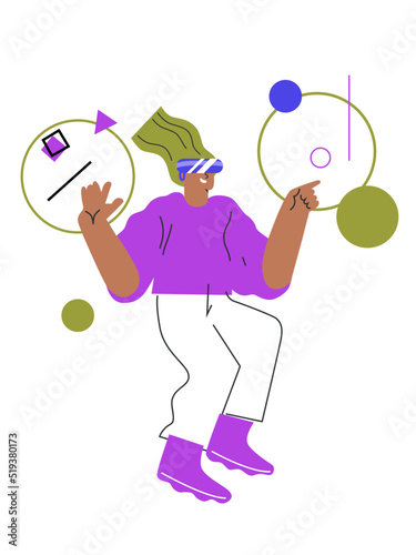 Metaverse digital cyber world technology, woman with virtual reality VR goggle playing AR augmented reality game and entertainment. Flat vector.