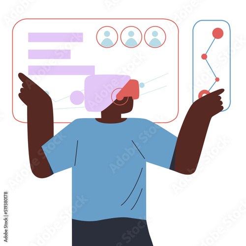 Metaverse digital cyber world technology, woman with virtual reality VR goggle playing AR augmented reality game and entertainment. Flat vector.