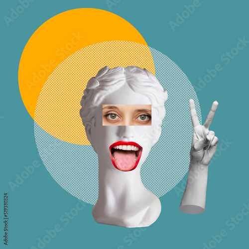 Antique female statue shows peace gesture with hands and tongue isolated on teal blue and yellow color background. Trendy abstact collage in magazine surreal style. 3d contemporary art. Modern design photo