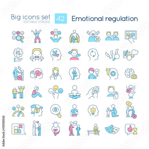 Emotional regulation RGB color icons set. Control and manage feelings. Mental health. Isolated vector illustrations. Simple filled line drawings collection. Editable stroke. Quicksand-Light font used