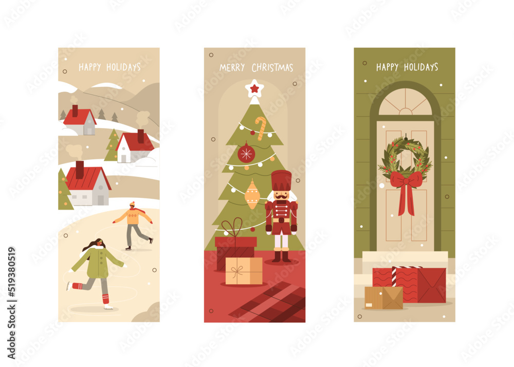 Merry Christmas and Happy New Year illustration set. Holiday scenes with ice skating characters, decorated Christmas tree, gifts and presents. Celebration concept. Vector illustration. Merry Christmas and Happy New Year illustration set. Holiday scenes with ice skating characters, decorated Christmas tree, gifts and presents. Celebration concept. Vector illustration.