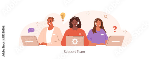 Female and male customer service operators wearing headsets talking with clients and helping solve problems. Online support, helpdesk and FAQ concept. Vector illustration.