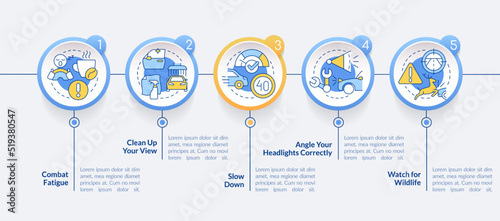 Driving safety at night circle infographic template. Road rules. Data visualization with 5 steps. Editable timeline info chart. Workflow layout with line icons. Lato-Bold, Regular fonts used © bsd studio