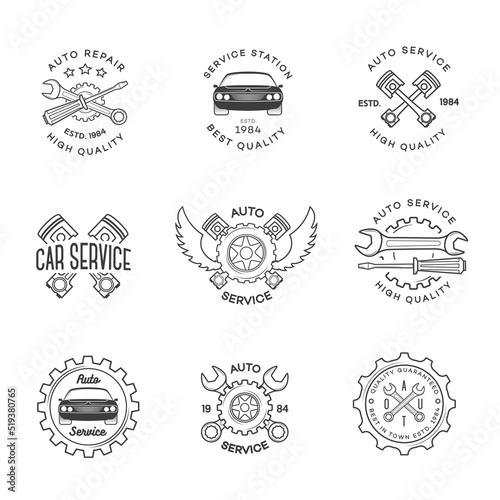 Set of auto service, repair labels black color isolated on white background. Stamps, banners and design elements for you business. Vector illustration
