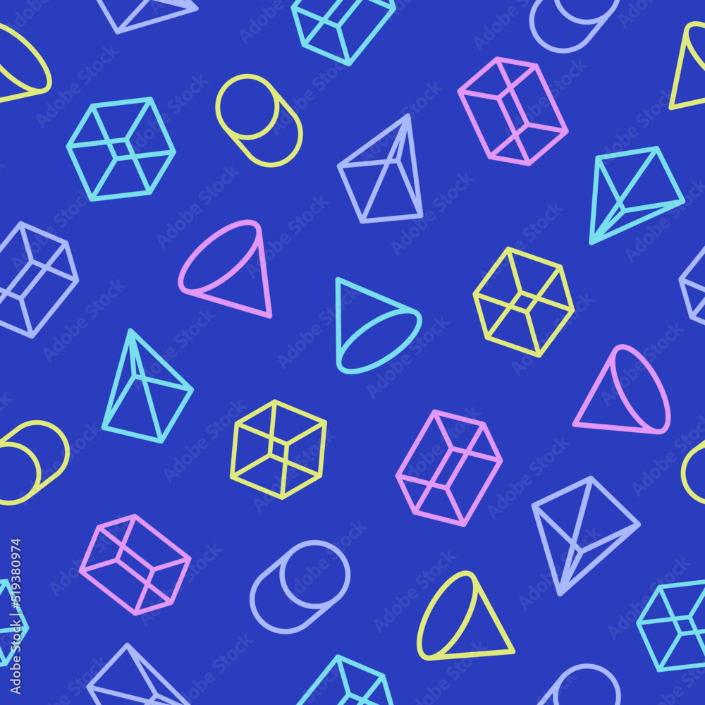 Geometric pattern seamless different color style consisting of line geometric shapes on cyan background. For use on stickers, banners, cards. Geometric pattern memphis style. Vector Illustration Geometric pattern seamless different color style consisting of line geometric shapes on cyan background. For use on stickers, banners, cards. Geometric pattern memphis style. Vector Illustration