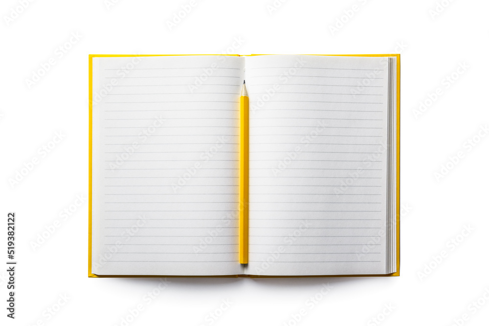 Empty notebook and yellow pencil isolated on white background Empty notebook and yellow pencil isolated on white background