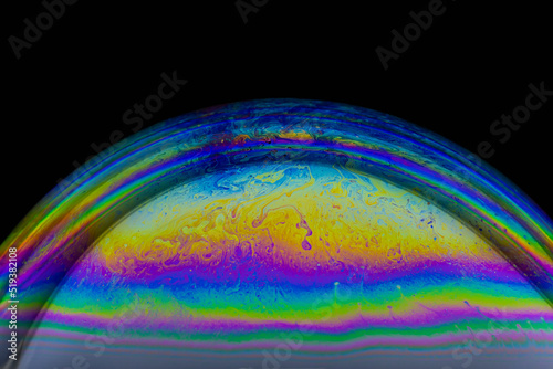 Closeup of colorful soap bubble on black background