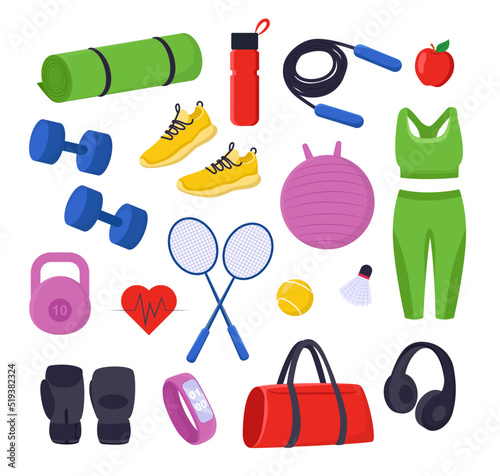 Different sports equipment and elements vector illustrations set. Gym accessories, yoga mat, shoes, water bottle isolated on white background. Fitness, sports, healthy lifestyle and diet concept