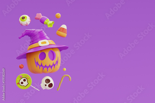 Happy Halloween with Jack-o-Lantern pumpkins character wearing witch hat  colorful candies and sweets floating on purple background  3d rendering.