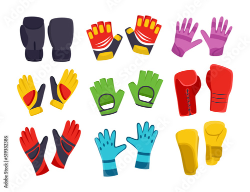Gloves for different sports vector illustrations set. Gloves with and without fingers for goal keepers, soccer, boxing, riding motorbike or bike. Sports equipment, clothes, accessories concept