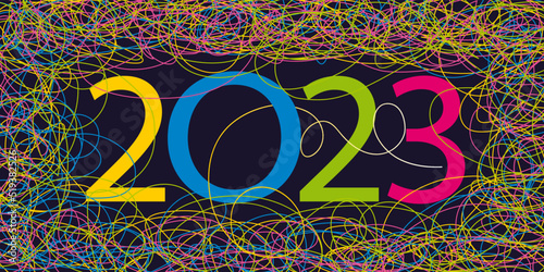 Carte de vœux artistique originale pour l’année 2023 avec un graphisme tendance fait de traits colorés sur un fond noir.